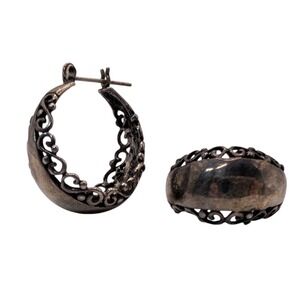 Vintage Sterling Silver Pierced Earrings Filigree Hoop Scroll Design Post Clamp